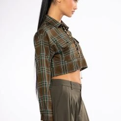 PLAID ROMANCE CHAIN LACE UP CROPPED BLOUSE -helmut shop plaid romance chain lace up cropped blouse green multi 4 4
