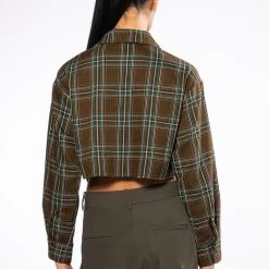 PLAID ROMANCE CHAIN LACE UP CROPPED BLOUSE -helmut shop plaid romance chain lace up cropped blouse green multi 5 5