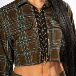 PLAID ROMANCE CHAIN LACE UP CROPPED BLOUSE -helmut shop plaid romance chain lace up cropped blouse green multi 6 6