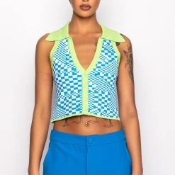 PLAY IT AGAIN CROPPED COLLARED TOP -helmut shop play it again cropped collared top green multi 7 7 c1