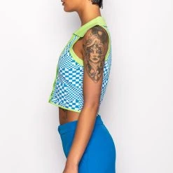 PLAY IT AGAIN CROPPED COLLARED TOP -helmut shop play it again cropped collared top green multi 8 8 c1