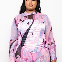 PLUS MIXED SWIRL SATIN CORSET -helmut shop plus mixed swirl satin corset pink multi 3 3