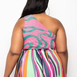 PLUS NOT THAT DEEP ONE SHOULDER MESH BODYSUIT -helmut shop plus not that deep one shoulder mesh bodysuit pink multi 6 6