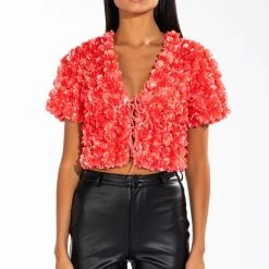POISON PARADISE SHORT SLEEVE TIE FRONT TOP -helmut shop poison paradise short sleeve tie front top pink 3 3