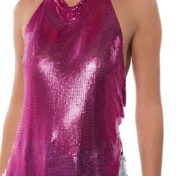 POP OF PINK ASYMMETRICAL HIGH SHINE CHAINMAIL TOP -helmut shop pop of pink asymmetrical high shine chainmail top pink 5 5