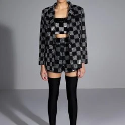 POP STAR CHECKERED RHINESTONE SHORT -helmut shop pop star checkered rhinestone short black white 5 5