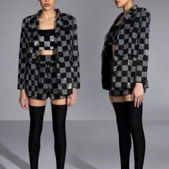 POP STAR CHECKERED RHINESTONE SHORT -helmut shop pop star checkered rhinestone short black white 6 6