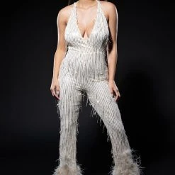PRINCESS GENOVIA FEATHER DETAIL JUMPSUIT -helmut shop princess genovia feather detail jumpsuit champagne 2 2 c1