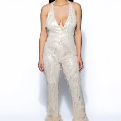 PRINCESS GENOVIA FEATHER DETAIL JUMPSUIT -helmut shop princess genovia feather detail jumpsuit champagne 4 4