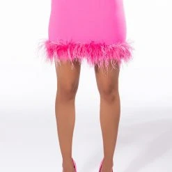 RAISE YOUR GLASS FEATHER TRIM MINI SKIRT -helmut shop raise your glass feather trim mini skirt pink 7 7