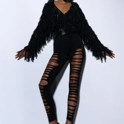 RAVEN LONG SLEEVE FRINGE KNIT CARDIGAN -helmut shop raven long sleeve fringe knit cardigan black 3 3