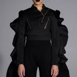 READY FOR ANYTHING STATEMENT SLEEVE ZIPPERED SCUBA TOP -helmut shop ready for anything statement sleeve zippered scuba top black 1 1