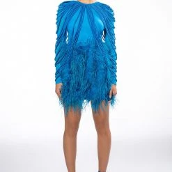 REAL OSTRICH FEATHERS MINI SKIRT -helmut shop real ostrich feathers mini skirt blue 12 12