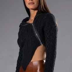 REBELLING CABLEKNIT ASYMMETRICAL ZIPPER SWEATER -helmut shop rebelling cable knit asymmetrical zipper sweater black 2 2 c1