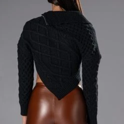 REBELLING CABLEKNIT ASYMMETRICAL ZIPPER SWEATER -helmut shop rebelling cable knit asymmetrical zipper sweater black 7 7 c1