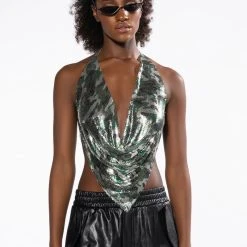 REPORTING FOR DUTY HIGH SHINE CHAINMAIL HALTER TOP -helmut shop reporting for duty chainmail halter top green multi 3 3