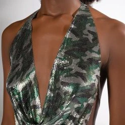 REPORTING FOR DUTY HIGH SHINE CHAINMAIL HALTER TOP -helmut shop reporting for duty chainmail halter top green multi 6 6