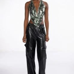 REPORTING FOR DUTY HIGH SHINE CHAINMAIL HALTER TOP -helmut shop reporting for duty chainmail halter top green multi 7 7