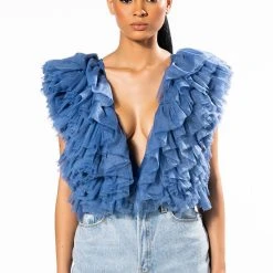 ROMANTIC TULLE RUFFLE BODYSUIT IN BLUE -helmut shop romantic tulle ruffle bodysuit in blue blue 3 3