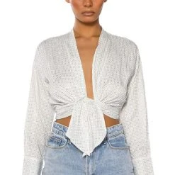 ROWLING TIED UP RHINESTONE BLOUSE -helmut shop rowling tied up rhinestone blouse white 1 1