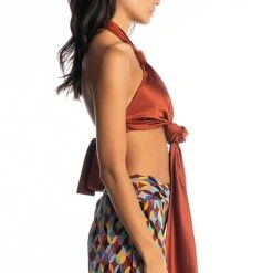 RULES DON'T APPLY SLEEVELESS SATIN HALTER BLOUSE -helmut shop rules dont apply sleeveless satin halter blouse rust 6 6