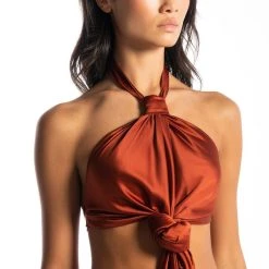 RULES DON'T APPLY SLEEVELESS SATIN HALTER BLOUSE -helmut shop rules dont apply sleeveless satin halter blouse rust 8 8