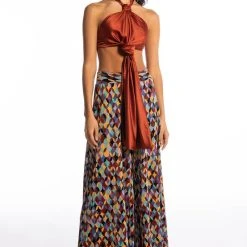 RULES DON'T APPLY SLEEVELESS SATIN HALTER BLOUSE -helmut shop rules dont apply sleeveless satin halter blouse rust 9 9