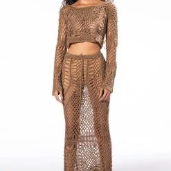 SAND DUNES LONG SLEEVE CROCHET TOP AND MAXI SKIRT SET -helmut shop sand dunes long sleeve crochet top and maxi skirt set brown 11 11