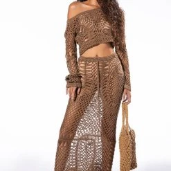 SAND DUNES LONG SLEEVE CROCHET TOP AND MAXI SKIRT SET -helmut shop sand dunes long sleeve crochet top and maxi skirt set brown 2 2