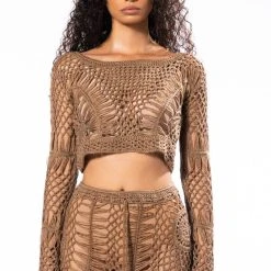 SAND DUNES LONG SLEEVE CROCHET TOP AND MAXI SKIRT SET -helmut shop sand dunes long sleeve crochet top and maxi skirt set brown 3 3