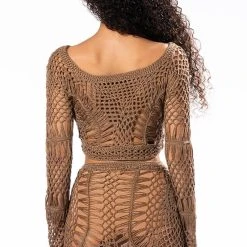 SAND DUNES LONG SLEEVE CROCHET TOP AND MAXI SKIRT SET -helmut shop sand dunes long sleeve crochet top and maxi skirt set brown 7 7