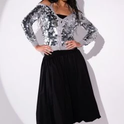 SATISFY ME SEQUIN COLD SHOULDER TOP -helmut shop satisfy me sequin cold shoulder top silver 2 2