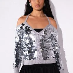 SATISFY ME SEQUIN COLD SHOULDER TOP -helmut shop satisfy me sequin cold shoulder top silver 3 3
