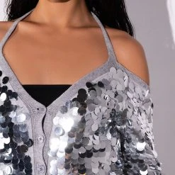 SATISFY ME SEQUIN COLD SHOULDER TOP -helmut shop satisfy me sequin cold shoulder top silver 6 6