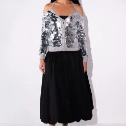 SATISFY ME SEQUIN COLD SHOULDER TOP -helmut shop satisfy me sequin cold shoulder top silver 7 7