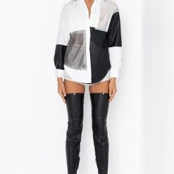 SAY IT AGAIN BUTTON UP BLOUSE WITH RHINESTONE TRIM -helmut shop say it again button up blouse with rhinestone trim black white 11 11 c1