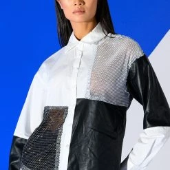 SAY IT AGAIN BUTTON UP BLOUSE WITH RHINESTONE TRIM -helmut shop say it again button up blouse with rhinestone trim black white 1 1 c1 c1 c1