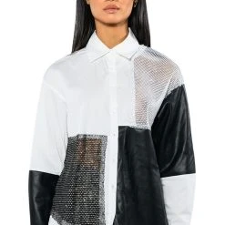 SAY IT AGAIN BUTTON UP BLOUSE WITH RHINESTONE TRIM -helmut shop say it again button up blouse with rhinestone trim black white 3 3 c1 c1 c1