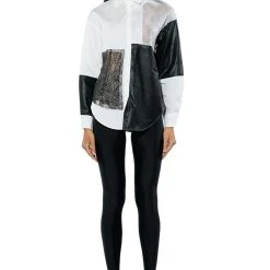 SAY IT AGAIN BUTTON UP BLOUSE WITH RHINESTONE TRIM -helmut shop say it again button up blouse with rhinestone trim black white 4 4 c1 c1 c1