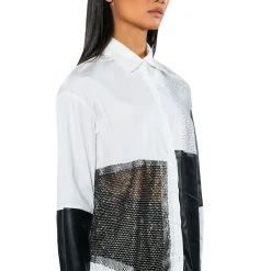 SAY IT AGAIN BUTTON UP BLOUSE WITH RHINESTONE TRIM -helmut shop say it again button up blouse with rhinestone trim black white 5 5 c1 c1 c1 c1