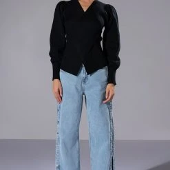 SAYLOR CROSS FRONT LONG SLEEVE SWEATER -helmut shop saylor cross front long sleeve sweater black 2 2