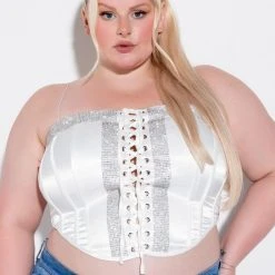 SELF CONTROL LACE UP RHINESTONE SATIN CORSET -helmut shop self control lace up rhinestone satin corset white 2 2