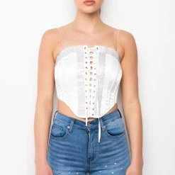 SELF CONTROL LACE UP RHINESTONE SATIN CORSET -helmut shop self control lace up rhinestone satin corset white 4 4