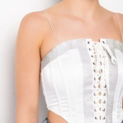 SELF CONTROL LACE UP RHINESTONE SATIN CORSET -helmut shop self control lace up rhinestone satin corset white 7 7