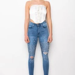 SELF CONTROL LACE UP RHINESTONE SATIN CORSET -helmut shop self control lace up rhinestone satin corset white 8 8