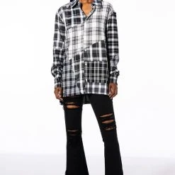 SERVING PLAID BUTTON DOWN BLOUSE -helmut shop serving plaid button down blouse black multi 3 3