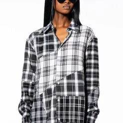 SERVING PLAID BUTTON DOWN BLOUSE -helmut shop serving plaid button down blouse black multi 5 5