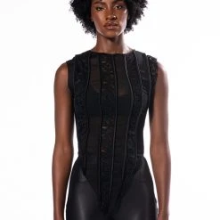 SEXY LACE PANEL SLEEVELESS MESH BLOUSE -helmut shop sexy lace panel sleeveless mesh blouse black 3 3