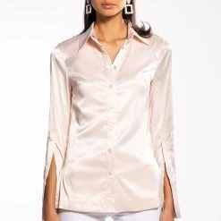 SHINE ON EMBELLISHED SATIN BUTTON DOWN BLOUSE -helmut shop shine on embellished satin button down blouse light pink 3 3