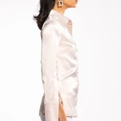 SHINE ON EMBELLISHED SATIN BUTTON DOWN BLOUSE -helmut shop shine on embellished satin button down blouse light pink 4 4